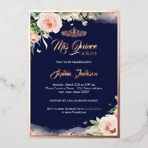 Invitación Con Relieve Metalizado Rosa Dorado Naval Floral Quinceañera Cumpleaños