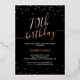 Invitación Con Relieve Metalizado Rosa Dorado Negro Caligrafía Confeti 70 Cumpleaños