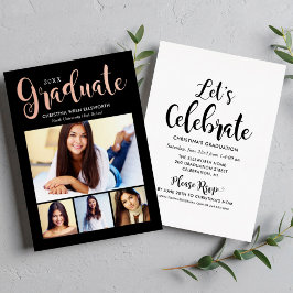 Invitación Con Relieve Metalizado Rosa Dorado Negro Tendencia Graduado Multi Foto