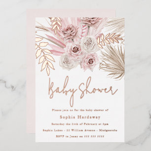 Invitación Con Relieve Metalizado Rosa Dorado Polvoriento Marfil Boho Baby Shower