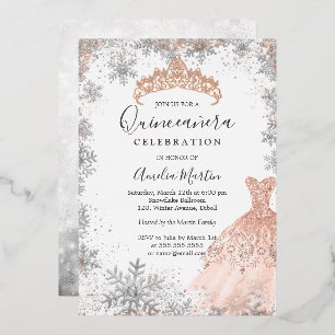 Invitación Con Relieve Metalizado Rosa Dorado Quinceañera de Invierno Copo de Nieve
