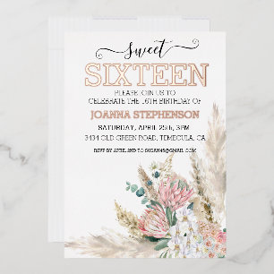 Invitación Con Relieve Metalizado Rosa Dorado Real Hoja Dulce 16 Dieciséis Boho Flor