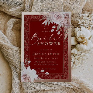 Invitación Con Relieve Metalizado Rosa Dorado, Rojo Intenso y Rubor Bridal Shower Fl