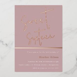 Invitación Con Relieve Metalizado Rosa Dorado Rosa Malva Polvo Moderno Dulce 16