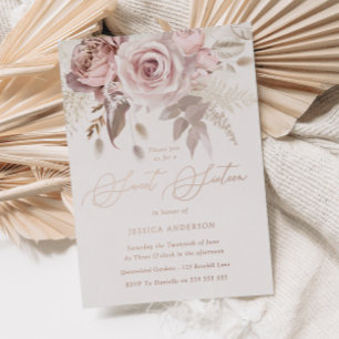 Invitación Con Relieve Metalizado Rosa Dorado, Rosa Polvo y Floral Blush Dulces 16