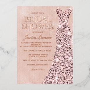 Invitación Con Relieve Metalizado Rosa Dorado, Rosa Polvo y Vestido de Tono Rosado B