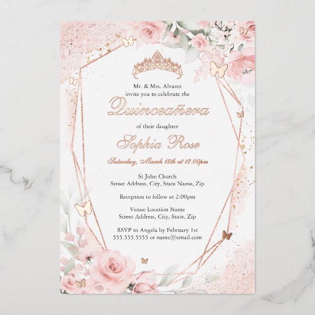 Invitación Con Relieve Metalizado Rosa Dorado Rosa Rubor Mariposa Floral Quinceanera (Anverso)