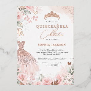 Invitación Con Relieve Metalizado Rosa Dorado Rubor Vestido Floral Quinceanera