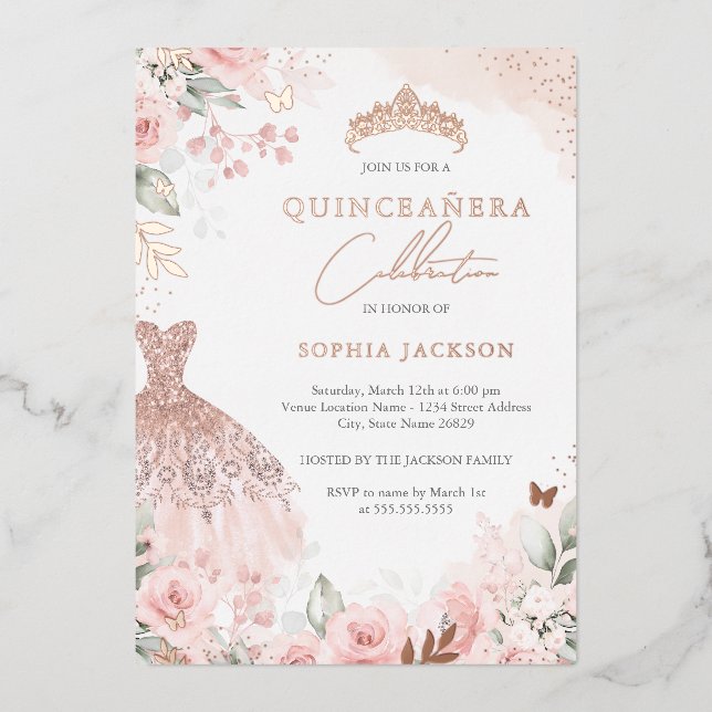Invitación Con Relieve Metalizado Rosa Dorado Rubor Vestido Floral Quinceanera (Anverso)