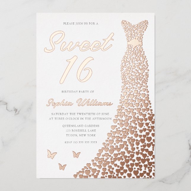 Invitación Con Relieve Metalizado Rosa Dorado Vestido Dulce 16 16º Cumpleaños (Anverso)