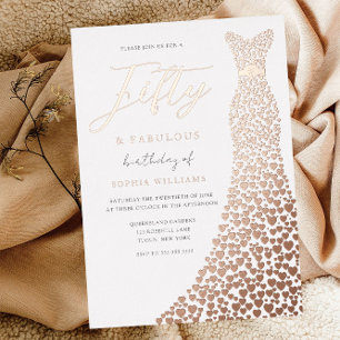 Invitación Con Relieve Metalizado Rosa Dorado Vestido Fabuloso 50 cumpleaños