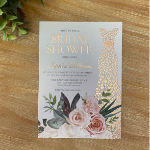 Invitación Con Relieve Metalizado Rosa Dorado Vestido Rubor Floral Rosa Ducha Bridal