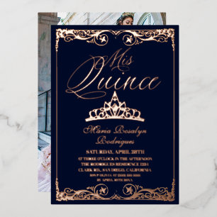 Invitación Con Relieve Metalizado Rosa Dorado y Azul Marino Elegante Quinceañera Fot