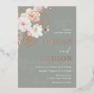 Invitación Con Relieve Metalizado Rosa Dorado y Flores Silvestres Rosadas Boda Verde