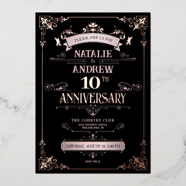 Invitación Con Relieve Metalizado Rosa Dorado y Negro Elegante (Anverso)