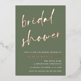 Invitación Con Relieve Metalizado Rosa Dorado y Sage Green Bridal Shower Moderno