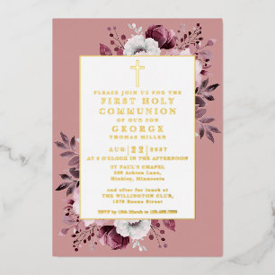 Invitación Con Relieve Metalizado Rosa Dusty Boho Floral Primer oro de la Santa Comu