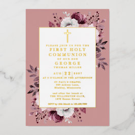 Invitación Con Relieve Metalizado Rosa Dusty Boho Floral Primer oro de la Santa Comu