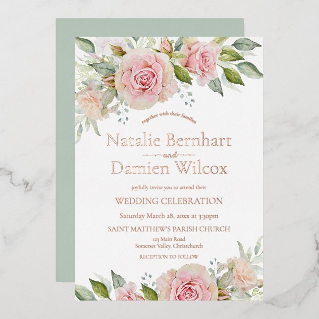 Invitación Con Relieve Metalizado Rosa  Dusty Green Floral Boda (Anverso/Reverso)
