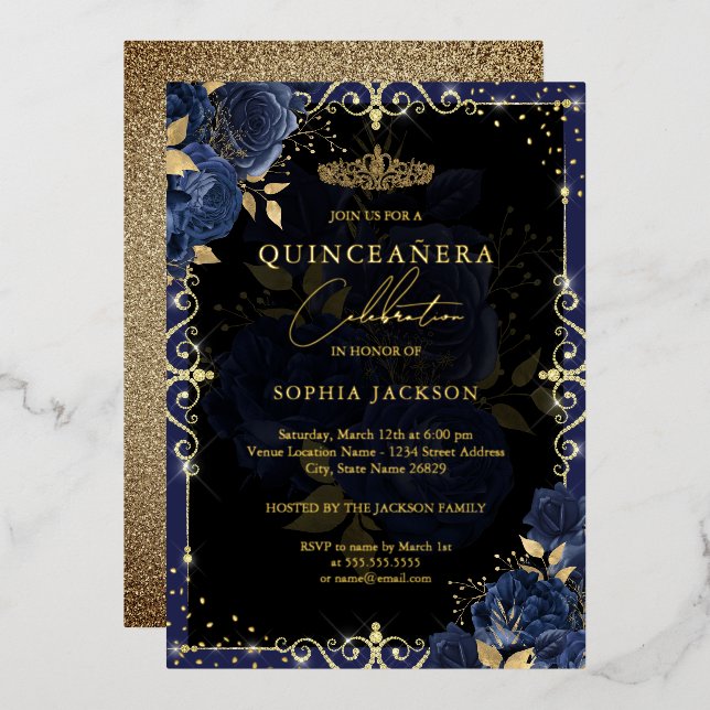 Invitación Con Relieve Metalizado Rosa elegante de oro azul Quinceanera (Anverso/Reverso)