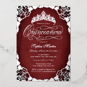 Invitación Con Relieve Metalizado Rosa elegante de plata roja Quinceanera 