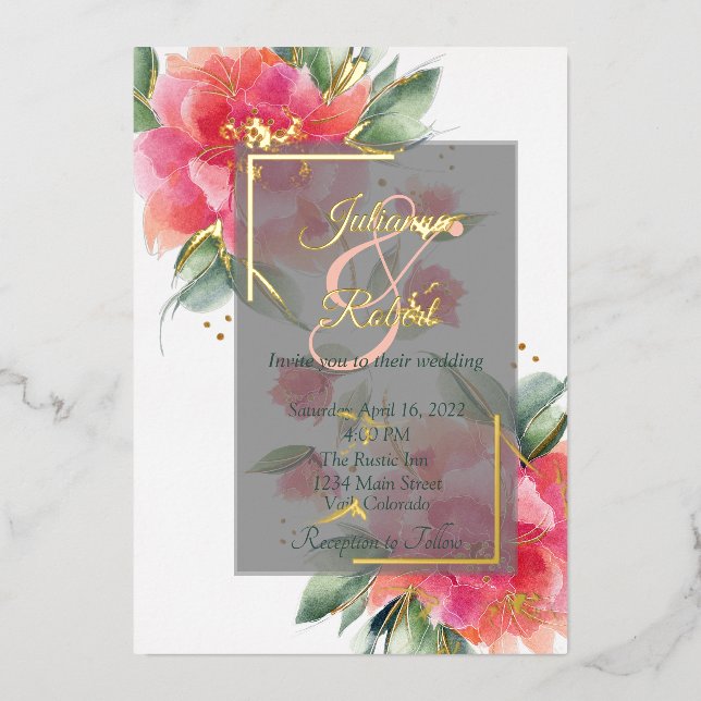Invitación Con Relieve Metalizado Rosa encantadora boda de presupuesto (Anverso)