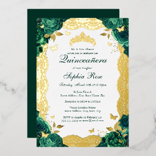 Invitación Con Relieve Metalizado Rosa Esmeralda Encaje Quinceañera Cumpleaños