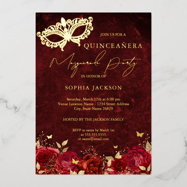 Invitación Con Relieve Metalizado Rosa Fiesta de mascarada de oro rojo Quinceanera (Anverso)