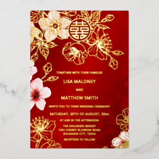 Invitación Con Relieve Metalizado Rosa Flor de Cerezo de Oro Bodas Chinas