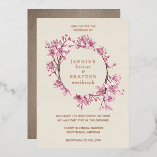 Invitación Con Relieve Metalizado Rosa Floral Bodas de Cerezo en Rosa Dorado