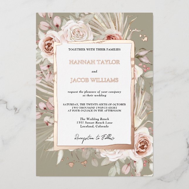 Invitación Con Relieve Metalizado Rosa Floral Boho Sage Green Boda (Anverso)