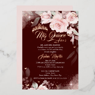 Invitación Con Relieve Metalizado Rosa Floral Burgundy Mis Quince Quinceañera