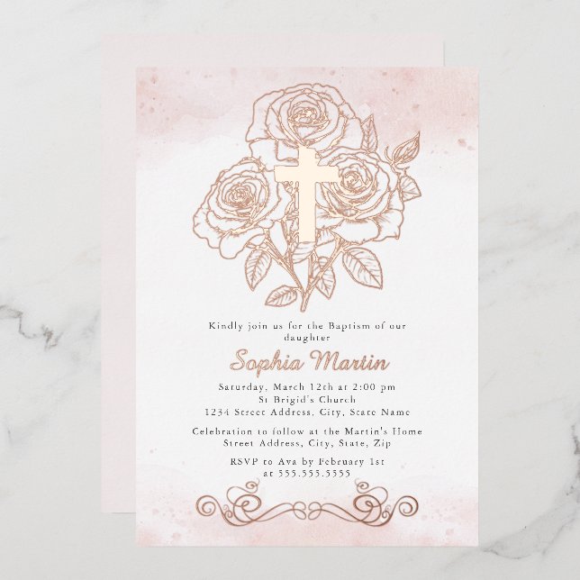 Invitación Con Relieve Metalizado Rosa floral Chica cruzado de oro Bautismo rosa (Anverso/Reverso)
