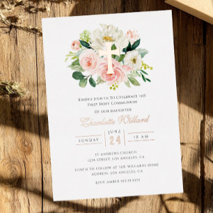Invitación Con Relieve Metalizado Rosa floral Chicas cruzados de oro Primera Comunió