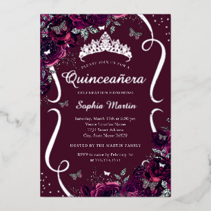 Invitación Con Relieve Metalizado Rosa floral de borgoña de plata mariposa Quinceane