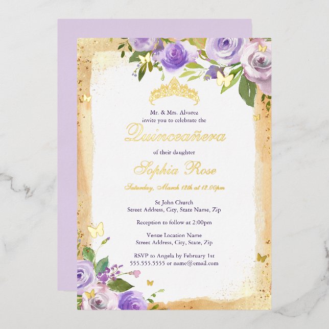 Invitación Con Relieve Metalizado Rosa floral de mariposa morada Quinceanera (Anverso/Reverso)