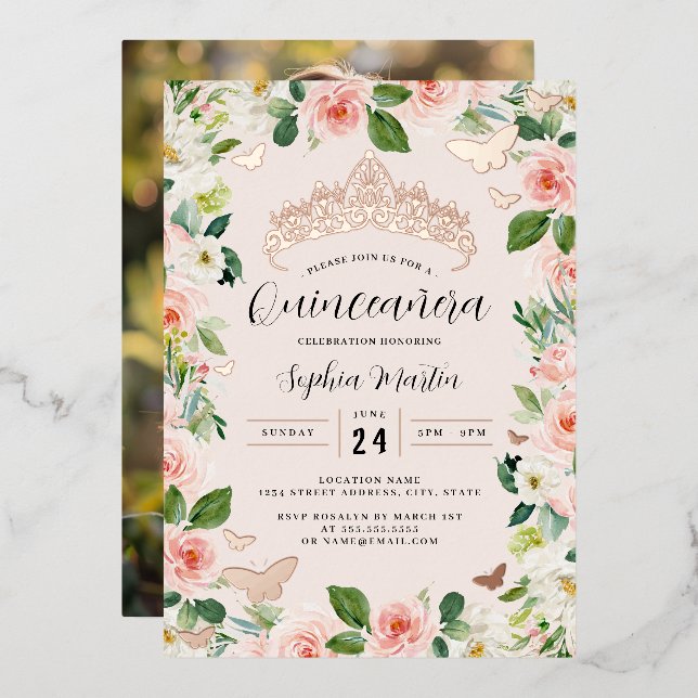 Invitación Con Relieve Metalizado Rosa Floral de oro Tiara Mariposa Foto Quinceanera (Anverso/Reverso)