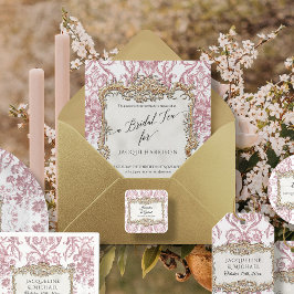 Invitación Con Relieve Metalizado Rosa floral de rococo vintage y té de novia de oro