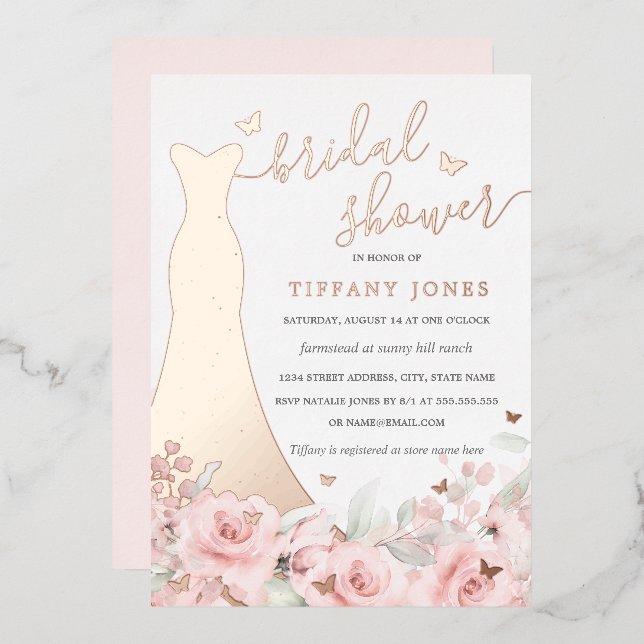 Invitación Con Relieve Metalizado Rosa floral de Rubor Vestido Rosa Ducha Nodal (Anverso/Reverso)