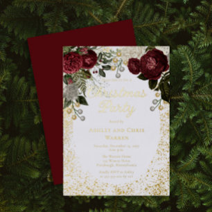 Invitación Con Relieve Metalizado Rosa floral Glam Burgundy Fiesta de Navidad 
