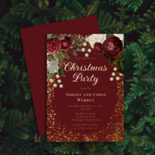 Invitación Con Relieve Metalizado Rosa floral Glam Burgundy Fiesta de Navidad 