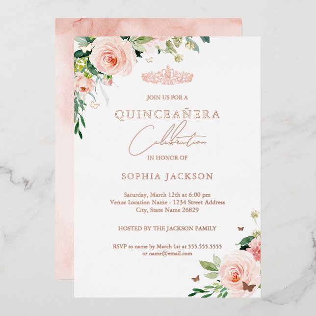 Invitación Con Relieve Metalizado Rosa floral Gold Quinceanera (Anverso/Reverso)