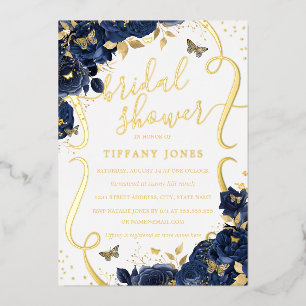Invitación Con Relieve Metalizado Rosa Floral Mariposa Azul Oro Ducha de Novia 