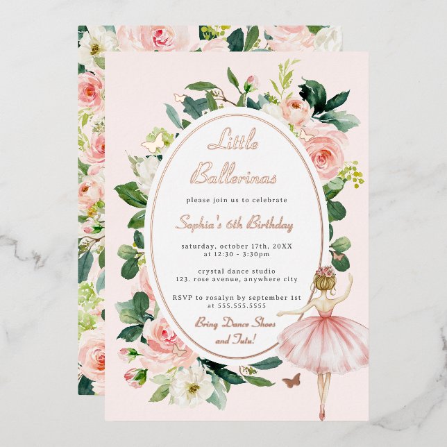 Invitación Con Relieve Metalizado Rosa floral Mariposa de oro Ballerina Niños Cumple (Anverso/Reverso)