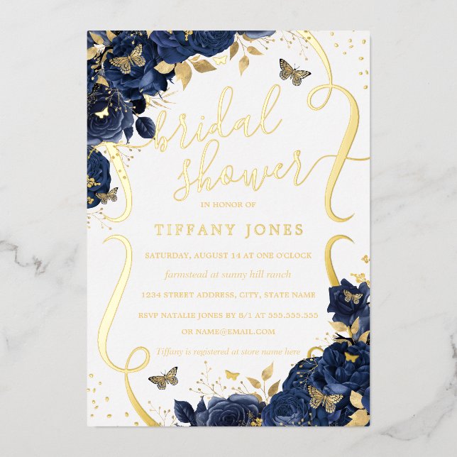 Invitación Con Relieve Metalizado Rosa Floral Mariposa Marina Dorada Ducha de Novia (Anverso)