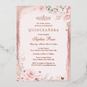 Invitación Con Relieve Metalizado Rosa Floral Mariposa Quinceañera 15
