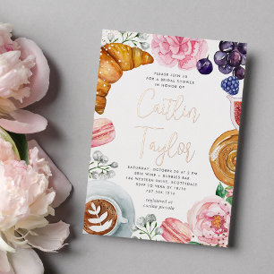 Invitación Con Relieve Metalizado Rosa Floral Peonía Desayuno Brunch Rosa Oro Bridal