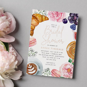 Invitación Con Relieve Metalizado Rosa Floral Peonía Desayuno Brunch Rosa Oro Bridal