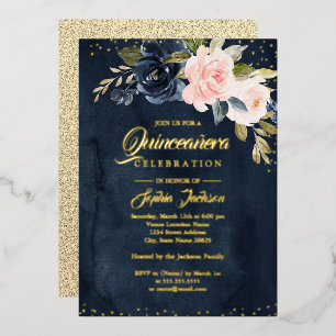 Invitación Con Relieve Metalizado ROSA FLORAL Quinceañera de ORO REAL NAVY con Hojue
