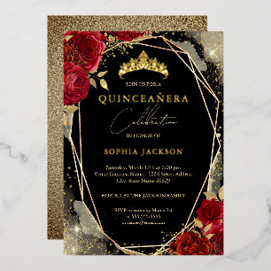 Invitación Con Relieve Metalizado Rosa floral Red Gold Tiara Quinceanera